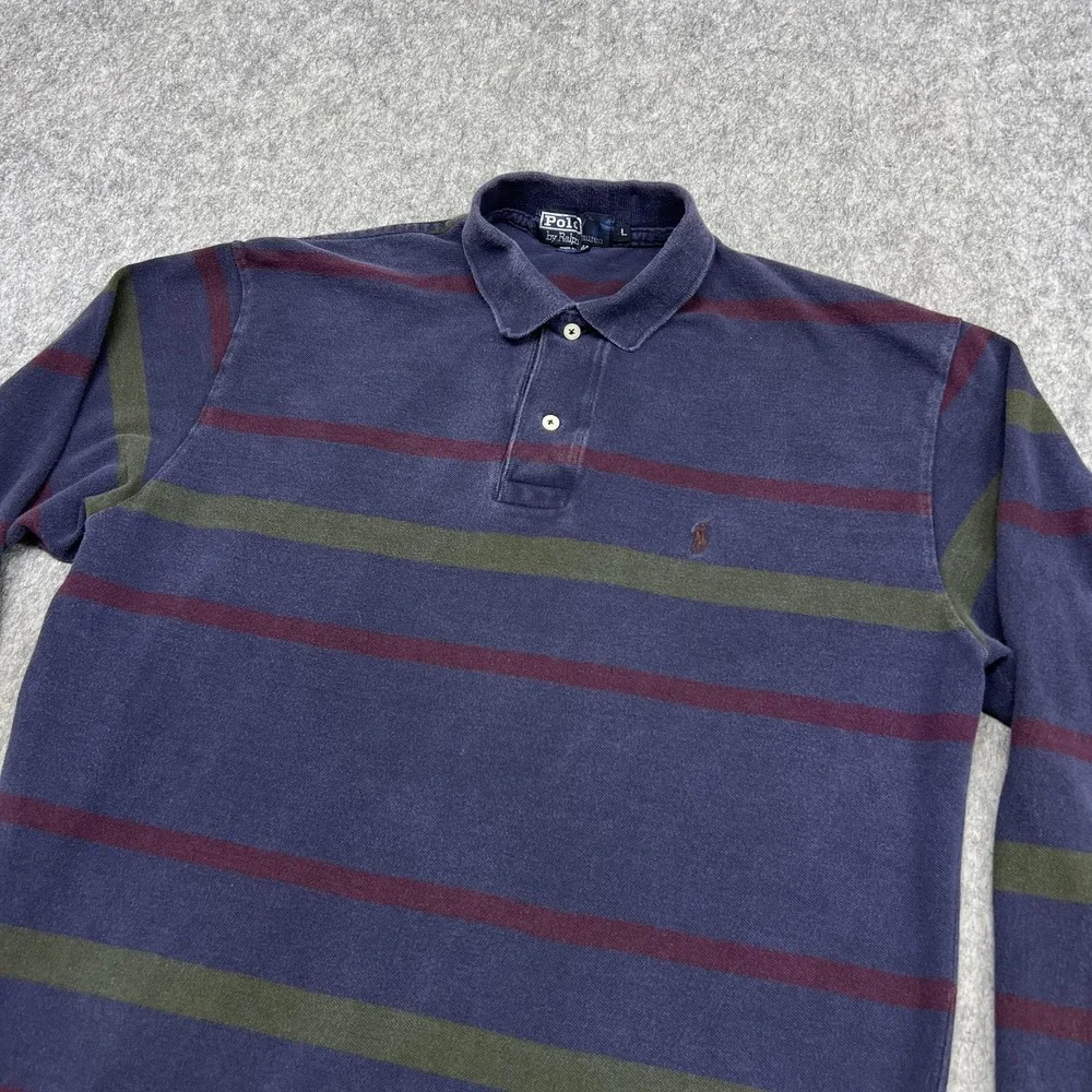 Vintage Polo Ralph Lauren Polo Shirt Mens L Purple Stripe Long Sleeve Rugby USA